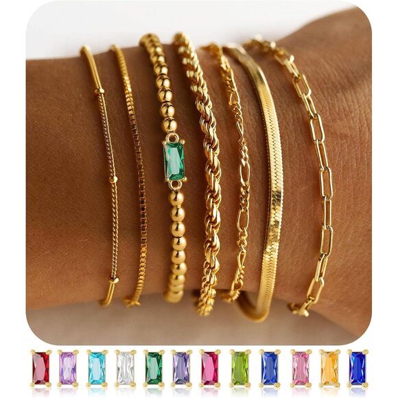 Gold Birthstone Bracelets Stack for Women, 14K Real Gold Plated Beaded Bracelets - Picture 2 of 8
